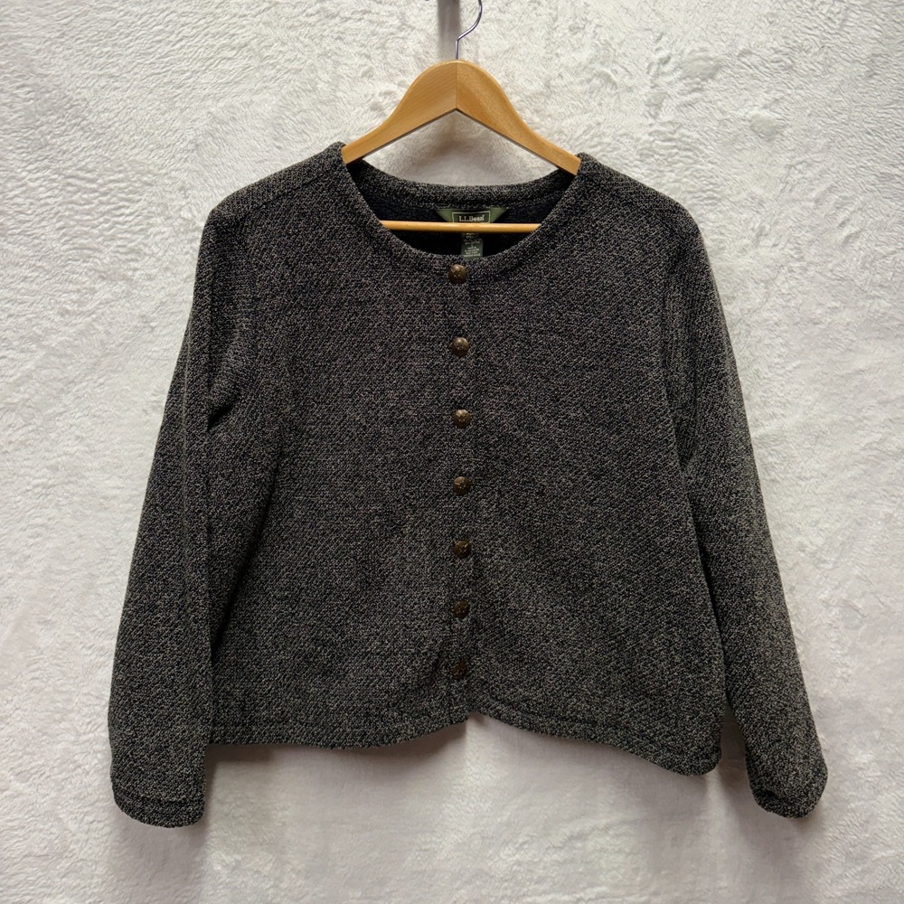 L.L.Bean Cardigan Sweater Womens Large Gray Fleece Lined Round Neck Button Front